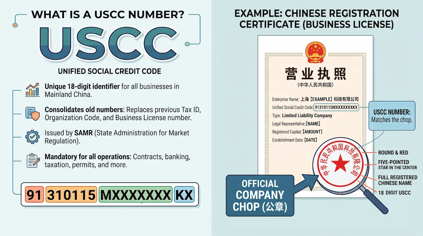 Diagram showing what a USCC number is and how to use a Chinese Business License to verify a Chinese Company Chop.