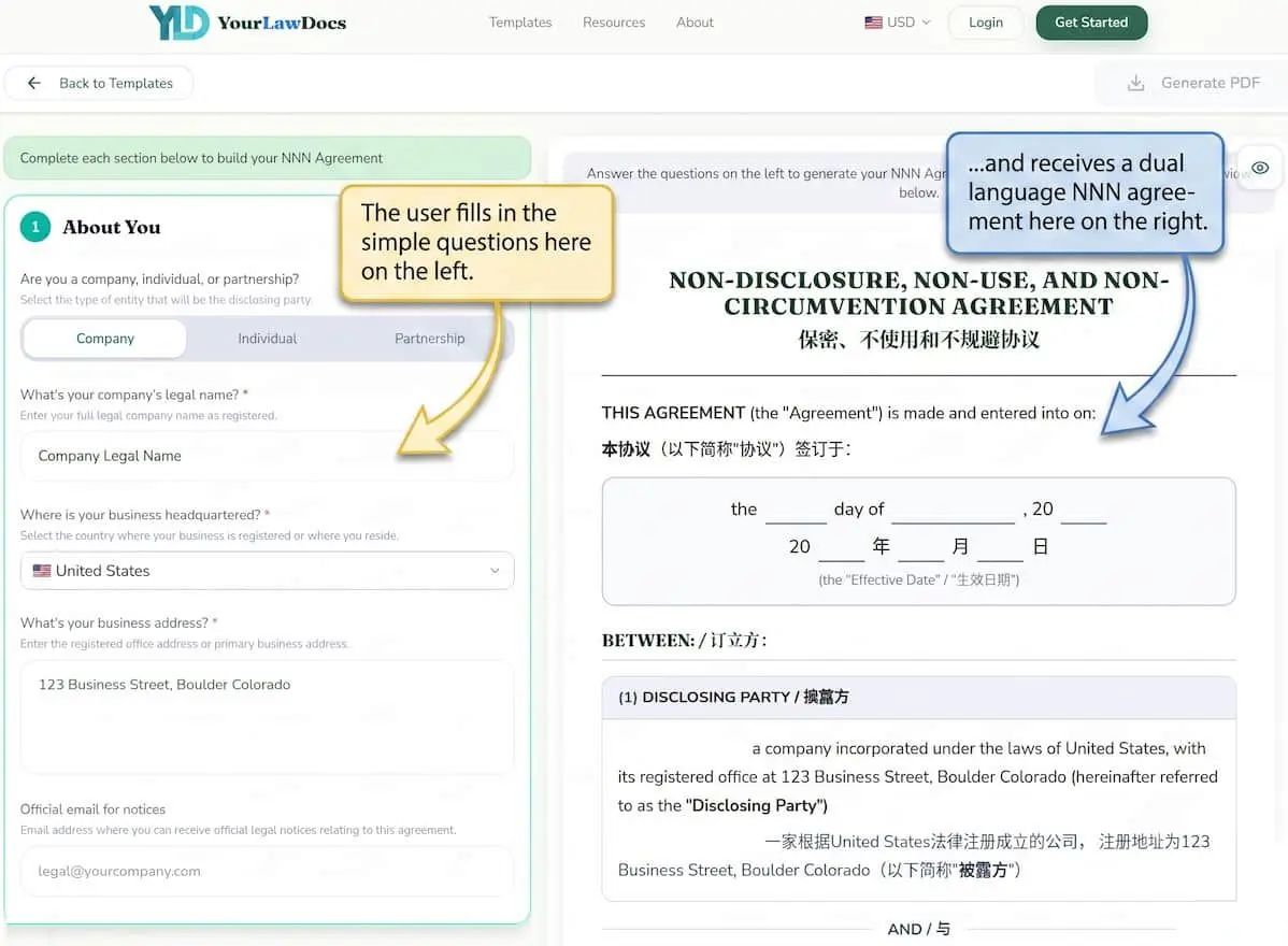 Product screenshot: the NNN Agreement builder with the bilingual live preview