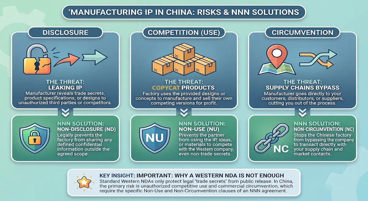 Hero image: diagram showing the competition, circumvention and disclosure risks of working with a chinese manufacturer